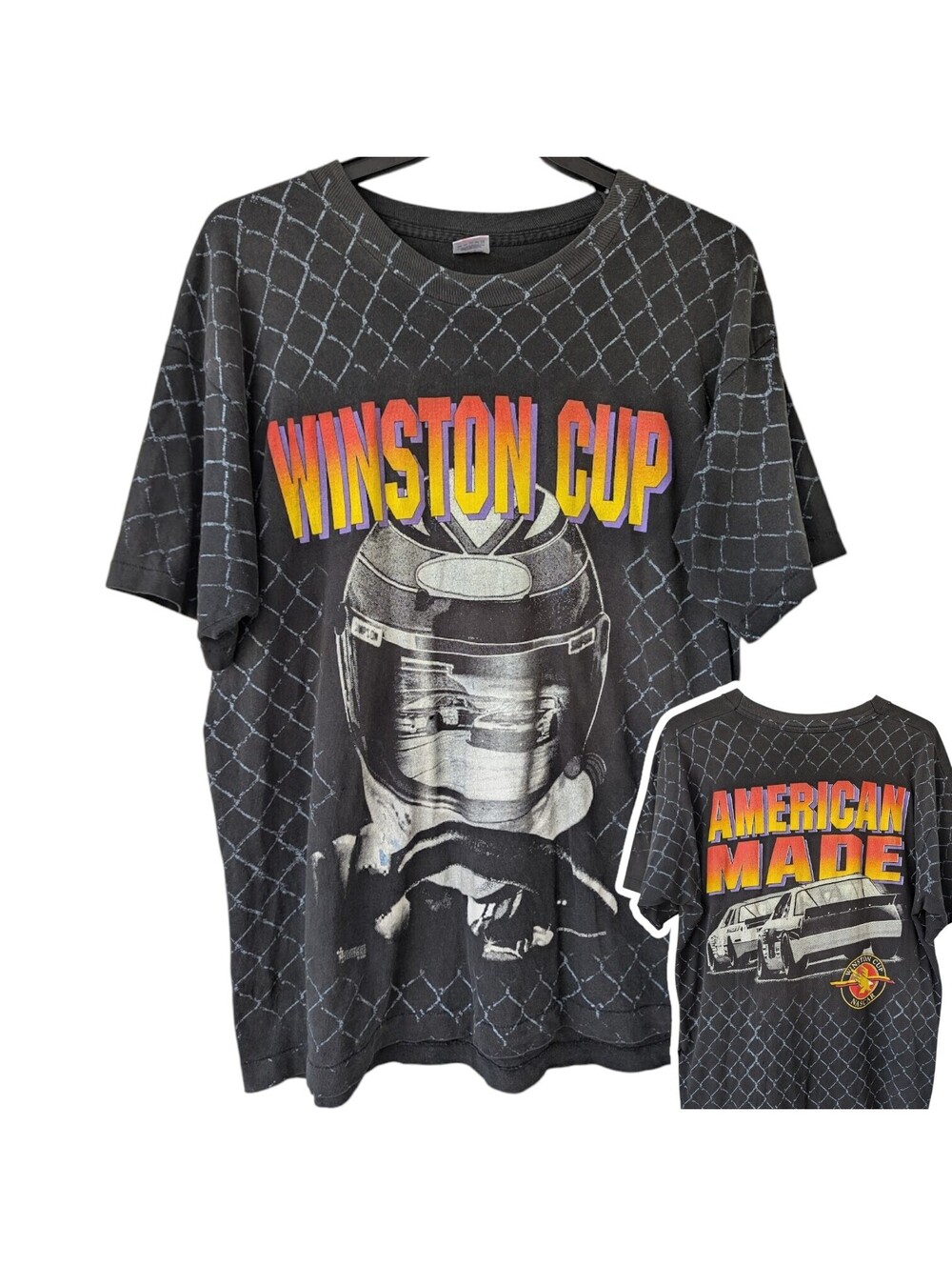 Vintage 90s Winston Cup Racing T-Shirt Mens XL Black AOP Single Stitch 24.5x30.5